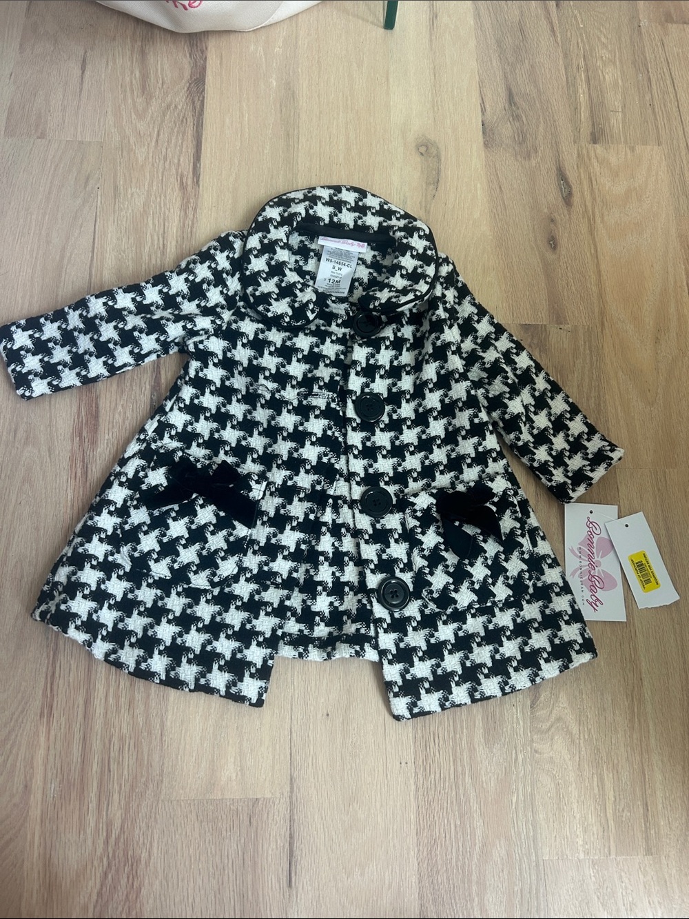 Bonnie Jean Black & White Houndstooth Pea Coat with Velvet Bows